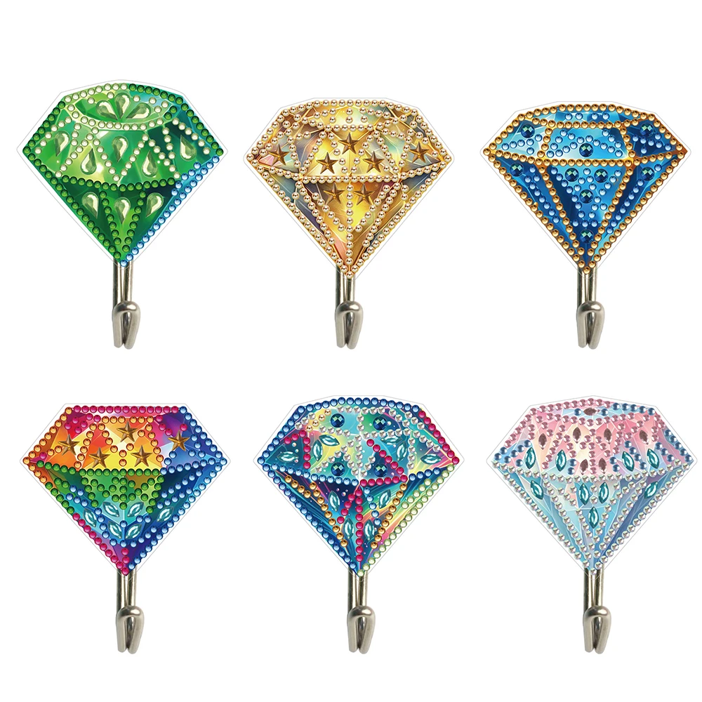 HOMFUN 6pcs/set DIY Crystal Wall-mounted Key Hook Kit Special-shaped Jewelry Diamond Painting Rhinestone Embroidery Home Decor