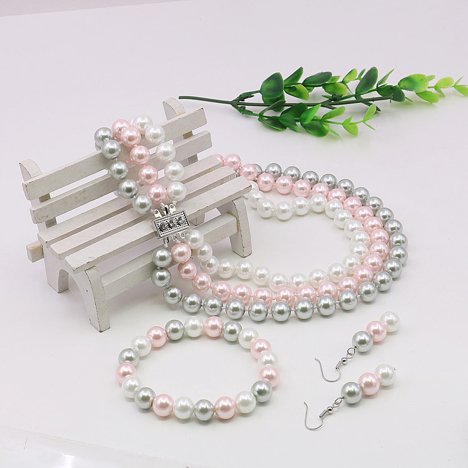 10mm 3rows Round White Pink Gray Shell Pearl Necklace Elastic Bracelet Drop Earrings Sets Women Men Girls Jewelry Making Design