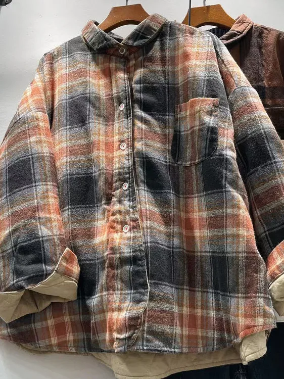 Thiened Jaet de algodón para mujer, abrigo de algodón a cuadros Retro holgado de talla grande para invierno, abrigo largo sencillo con botones