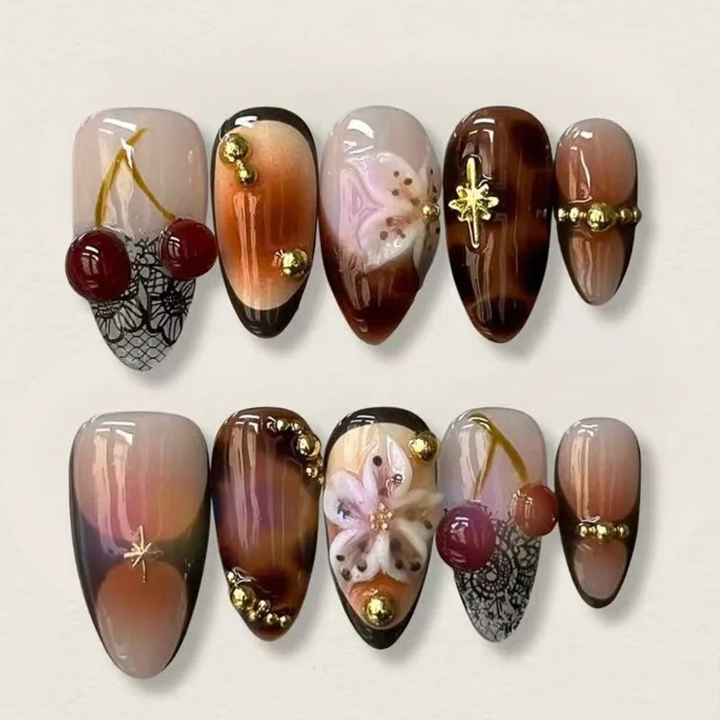 

24pcs French Almond Fake Nails Cherry Blossom Flower with Rhinestones Press on Nail for Women&Girl Removable Wearable Nail