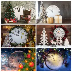 MOON.QG Christmas Eve Watch Clock Wood Backdrop Pine Tree Reindeer Wooden Board Photo Studio Background Party Photography Props