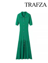 TRAFZA Summer Fashion Women Dresses A-Line Green Lapel Short Sleeves Single-breasted Female Elegant Slim Knitted Midi Skirt