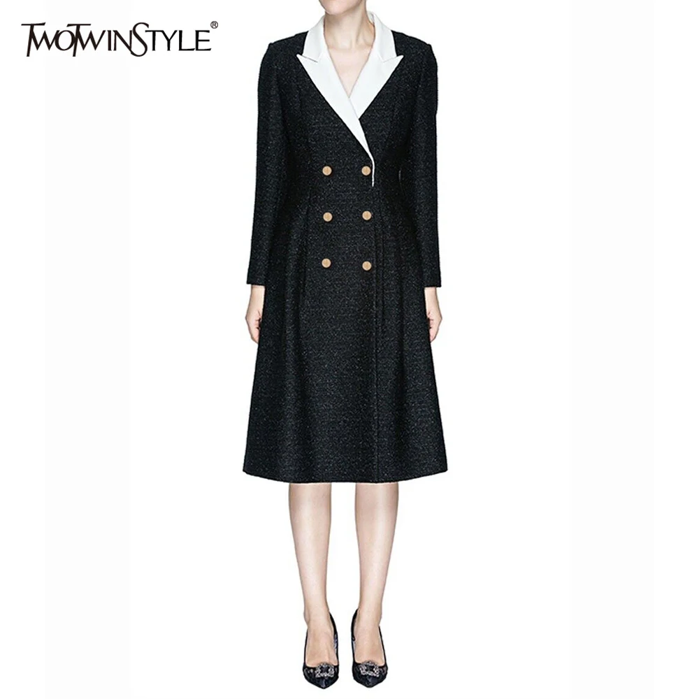 

TWOTWINSTYLE Hit Color Slimming Jackets For Women Lapel Long Sleeve Tunic Patchwork Button Minimalist Long Coat Female Clothes