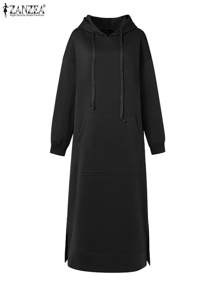 Women\'s Hooded Hoodies Autumn Winter Sweatshirt Dress 2024 ZANZEA Fashion Long Sleeve Solid Robe Casual Baggy Vestidos Kaftan