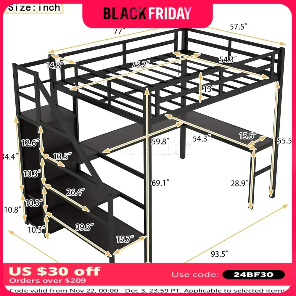 Bunk Beds Full Loft Bed, Storage Stairs and Wardrobe, Full Loft Bed with Charging Station (USB Port, Outlets) Bunk Bed