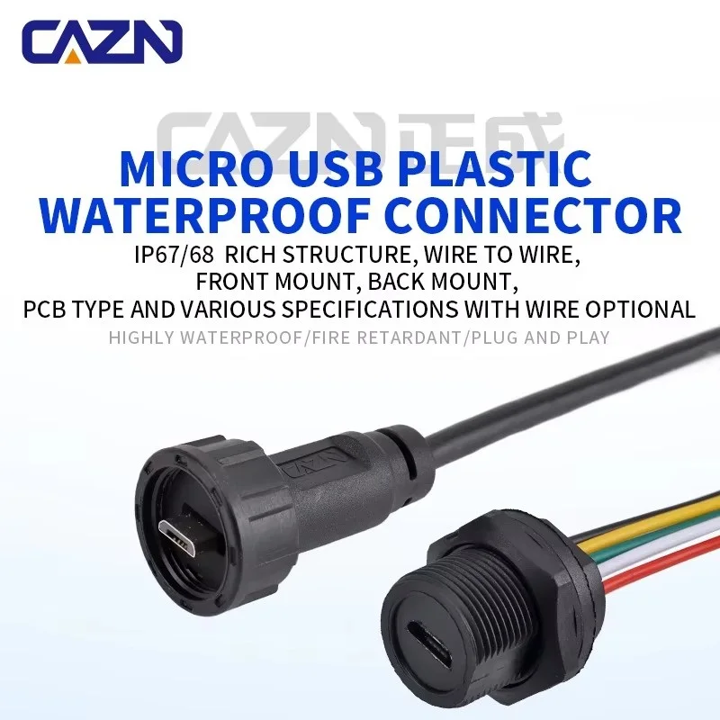 Waterproof Micro USB Connector Back Mounted Female Socket with Cable 0.3M 0.5M 1M Threaded Type for Electronic Devices