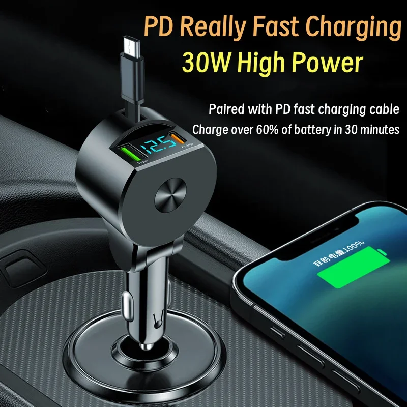 Three in One Car Cigarette Lighter Charger 30w High Power, Freely Extendable, Automatic Storage, Car Super Fast Charging