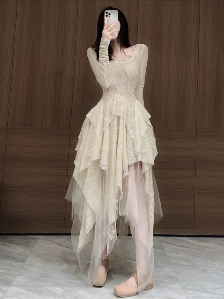 French Elegant Women\'s Vintage Dress 2022 Autumn Winter New Irregular Lace Splicing Evening Long Bridesmaid Party Dress