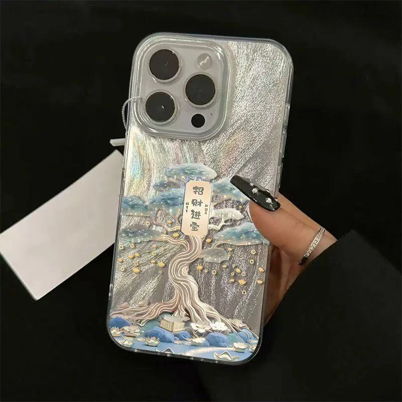 Nueva funda de teléfono de hilo de plumas con estampado de árbol de la fortuna INS de estilo chino para iPhone 17 16 15 14 13 12 11 8 7 X XR XS Pro Max Plus