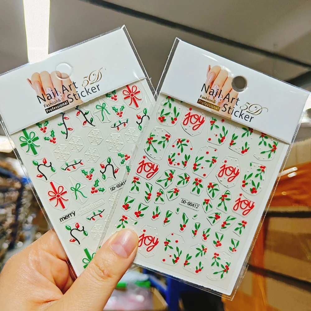 2pcs Christmas Holly Nail Art Stickers Xmas Flower Leaf Sliders New Year Winter Snowflake Adhesive Decals Manicure Decoration
