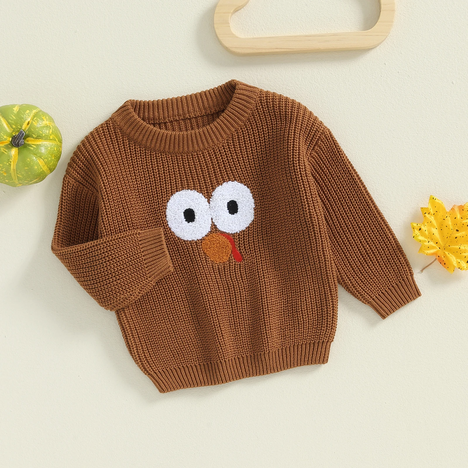 Toddler Girls Boys Sweater Thanksgiving Sweaters Turkey Embroidery Crew Neck Long Sleeve Baby Fall Sweaters