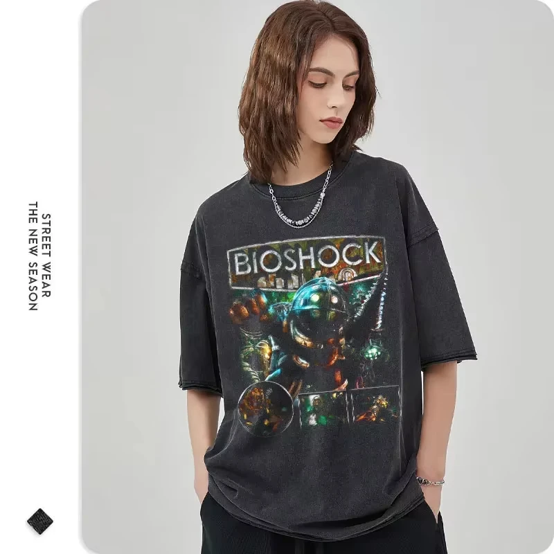 BioShock T Shirt Pc Game Vintage Washed Top Tees Hip Hop Harajuku DTG Printing Short Sleeve Oversized Casual T-shirt 100% Cotton