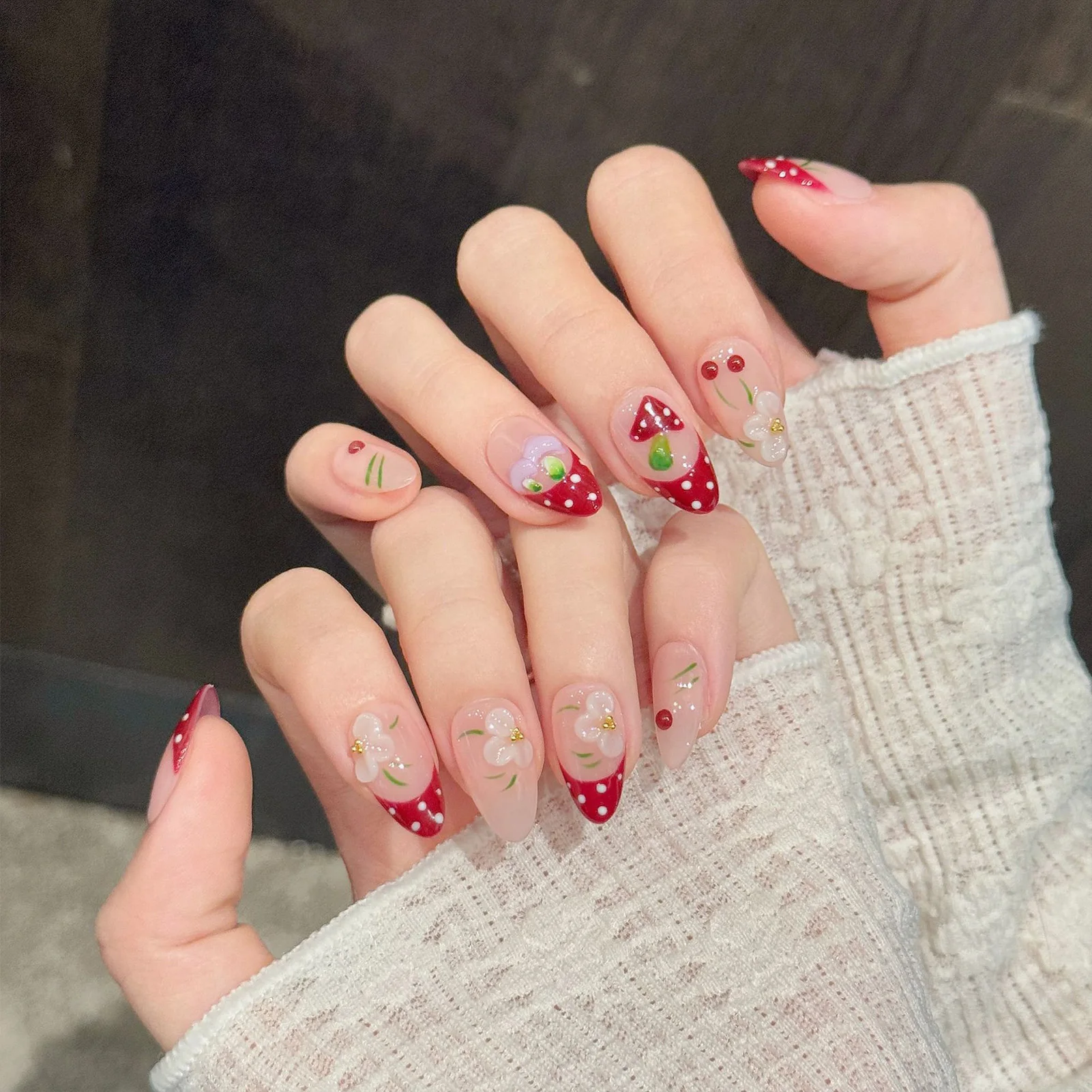 10Pcs Red White Polka Dot Design Press on Nails Mushroom Flower Decor False Nails French Almond Shape Fake Nail Patches view 2