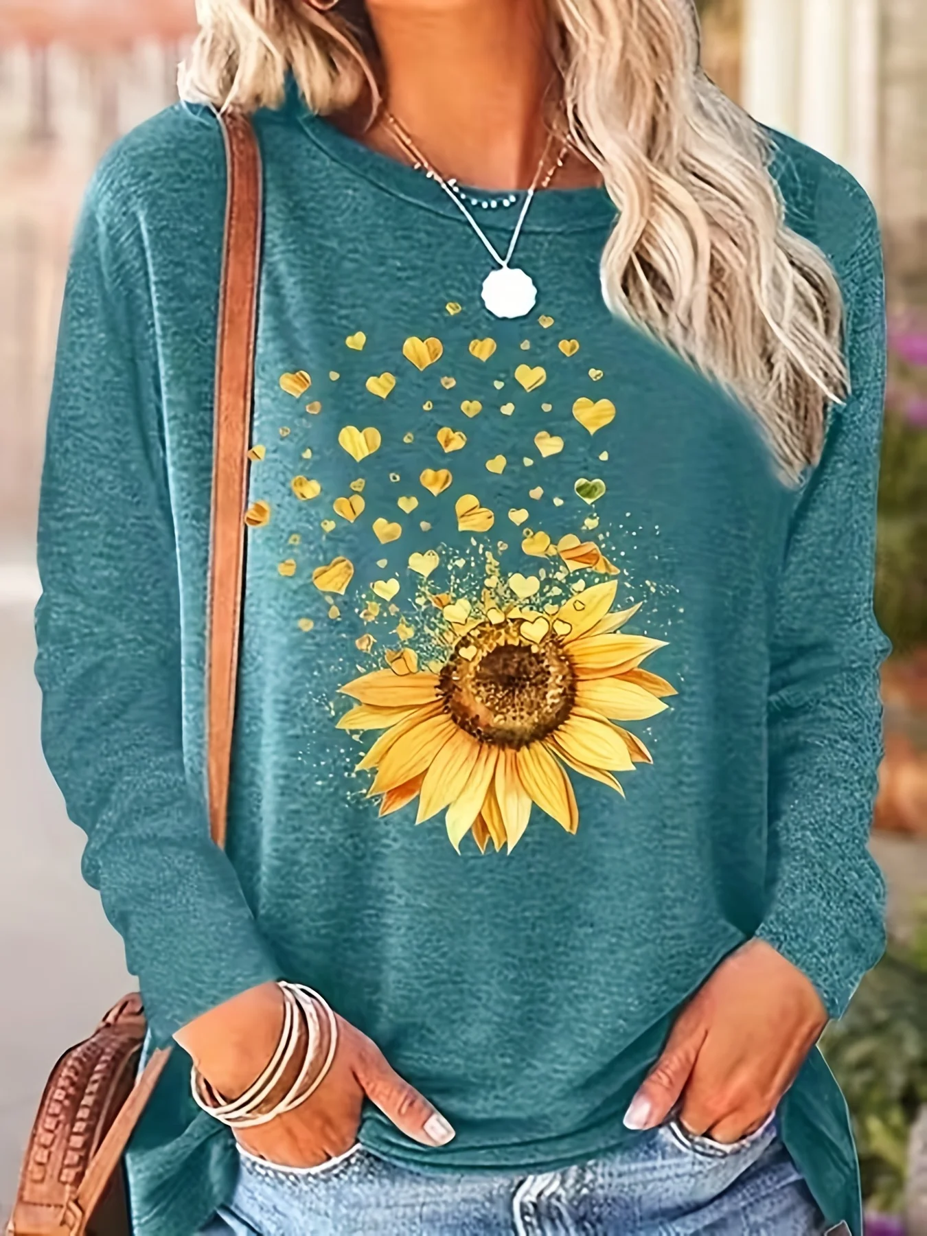 Design Sunflower & Heart Print Women\'s T-shirt Female Graphic Crop Top Long Sleeve Blouse Plus Size Women\'s Clothing Shirts