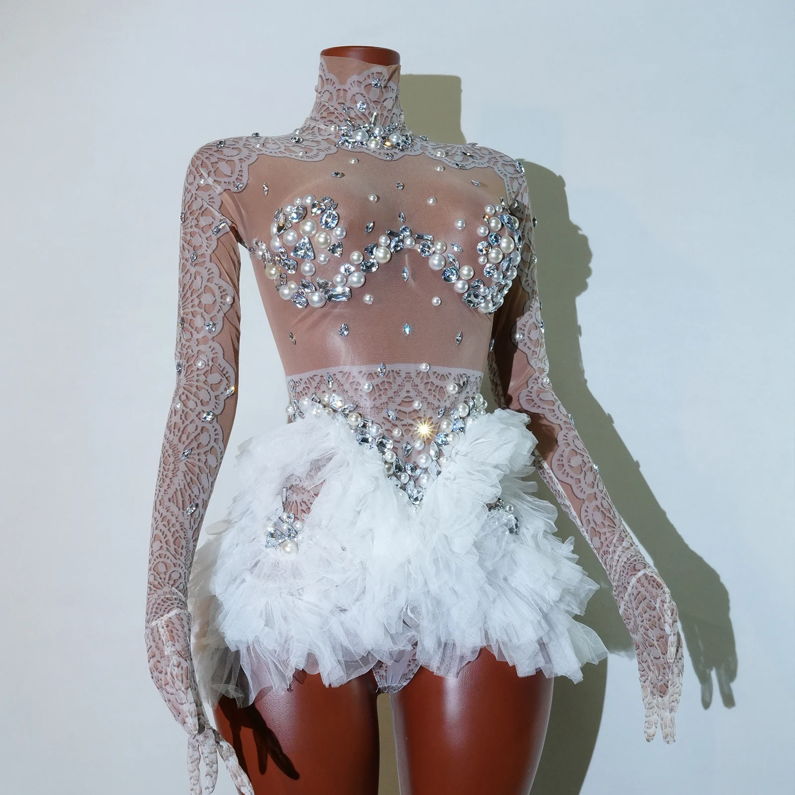 Funkelnder Strass-Body für Damen, elastisches Netz, Rüschen, Kristall-Trikot, Nachtclub, Tänzerin, Kostüm, Bühnenkleidung, Party, Bar, Lied-Outfit