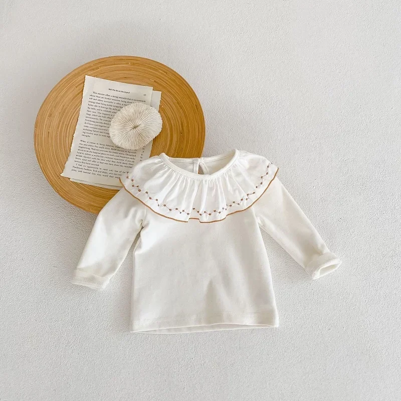 

Spring New Baby Girl T-shirt 0-3Years Newborn Kids Solid Color Long Sleeve Embroidery Lotus Collar Cotton Tee Undershirt Clothes