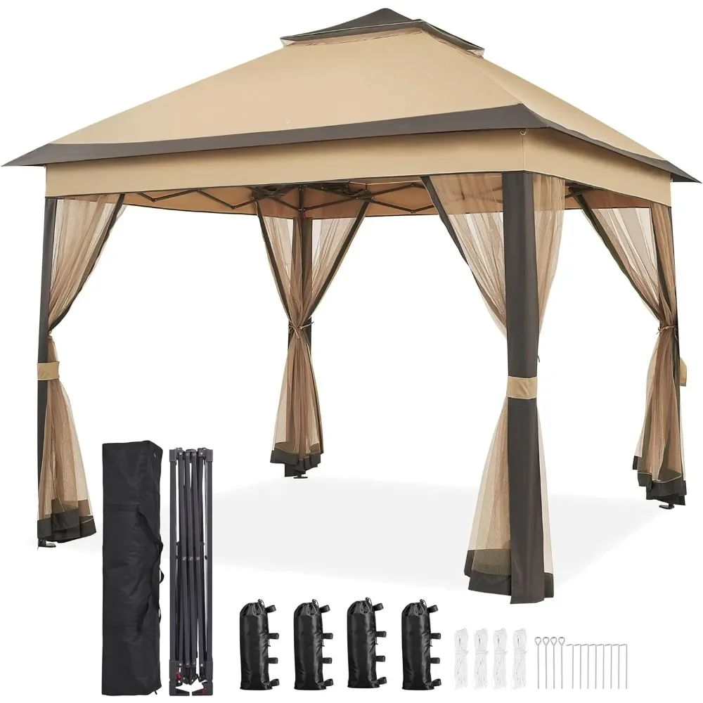 11x11 Pop Up Gazebo Outdoor Canopy Shelter, Instant Patio Gazebo Sun Shade Canopy Tent with 4 Sandbags, Double Tiers