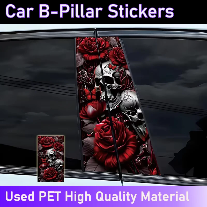 

1/2pcs Red Rose Skull Car B-Pillar Vinyl Decal Car Door Post Modified Cool Decal DIY Scratch Resistant Sticker