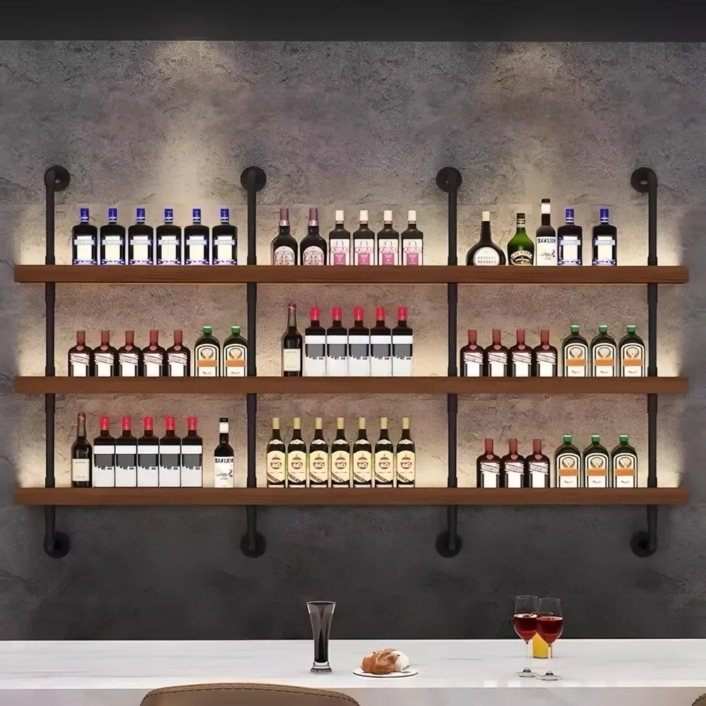 

Large Wall Mounted Wine Rack, 3 Tier Industrial Pipe Shelf Rustic Wood Floating Shelves, Wall Bar Shelves for Liquor Bottles Dis