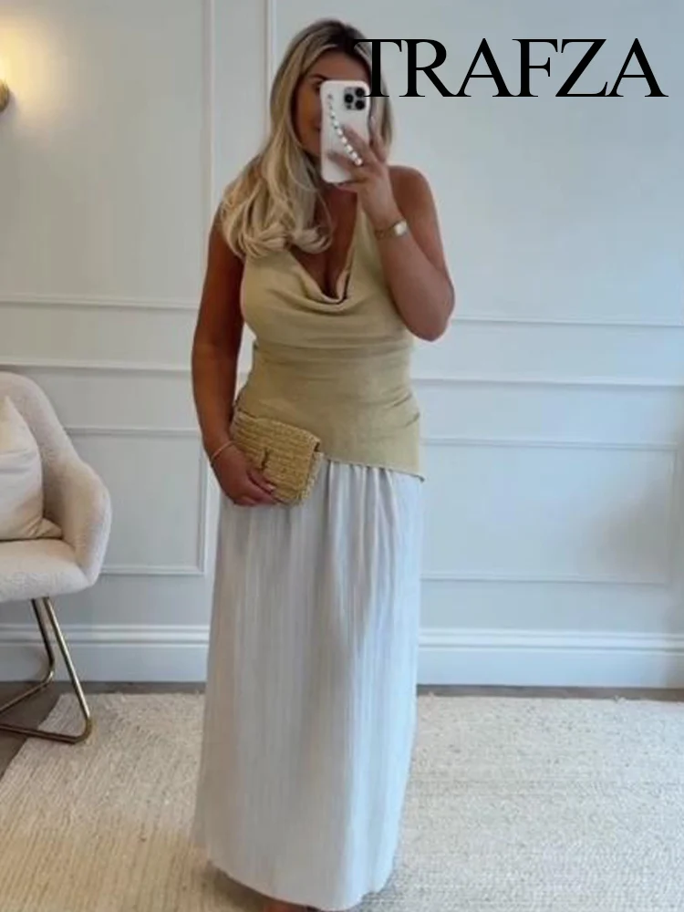 HH Women's Fashion Simple Spliced ​​Halter Neck Sleeveless Dress Female Elegant Slim Sexy Backless Party Pleated Long Dress