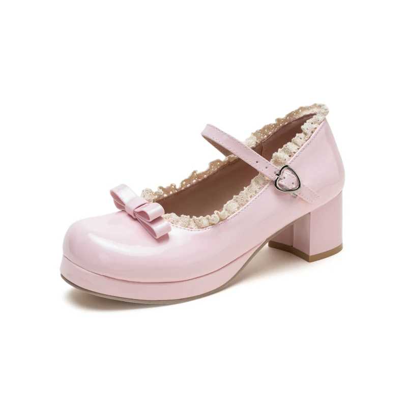 Women's Patent Leather Lolita Mary Jane Pumps - Lace Trim, Bow Buckle Strap, Platform Block Heel, Kawaii Vintage Cosplay Shoes