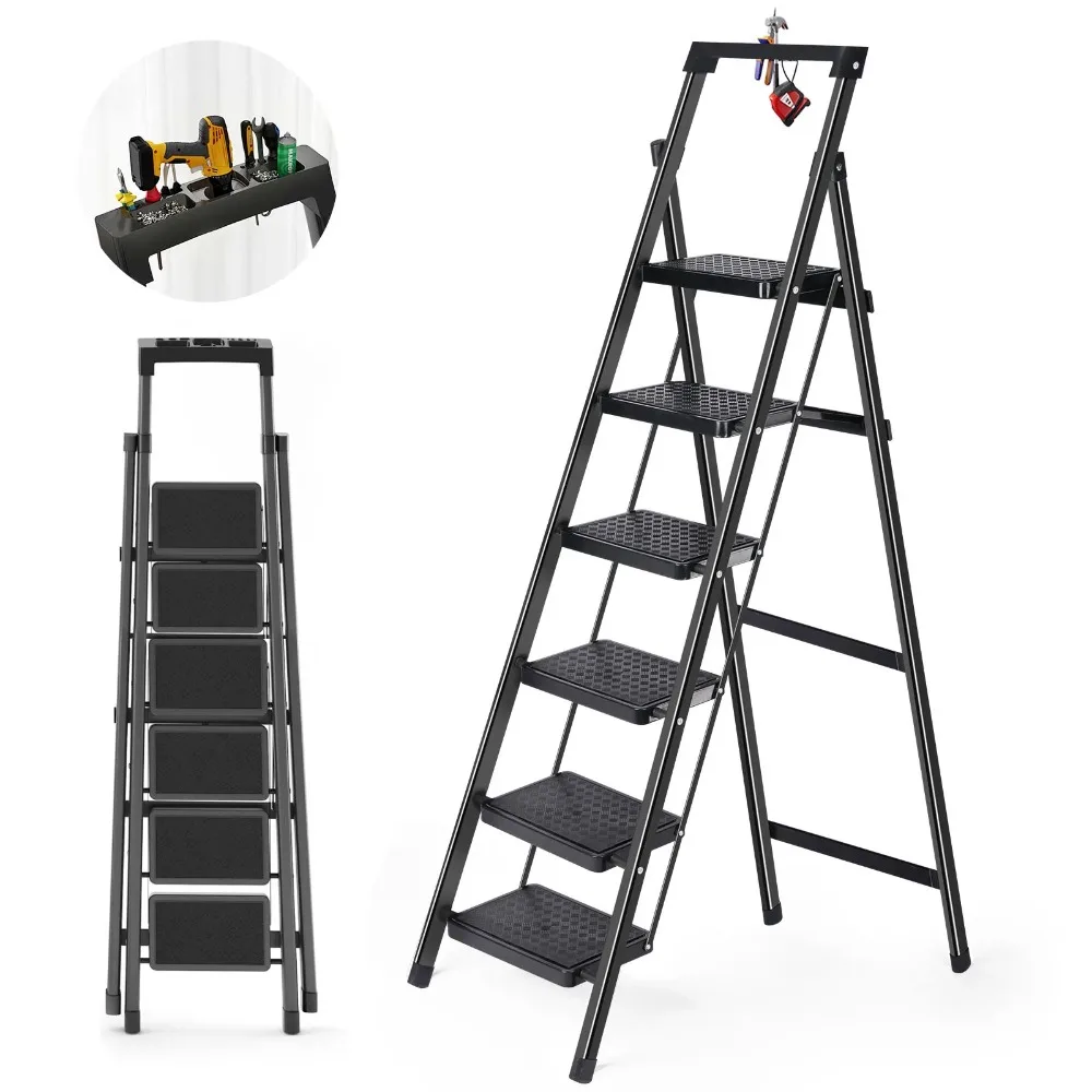 

6 Step Ladder Lightweight Foldable Ladder with Non-Slip Wide Pedals Stepladder with Safe Handrail Space Saving for Home