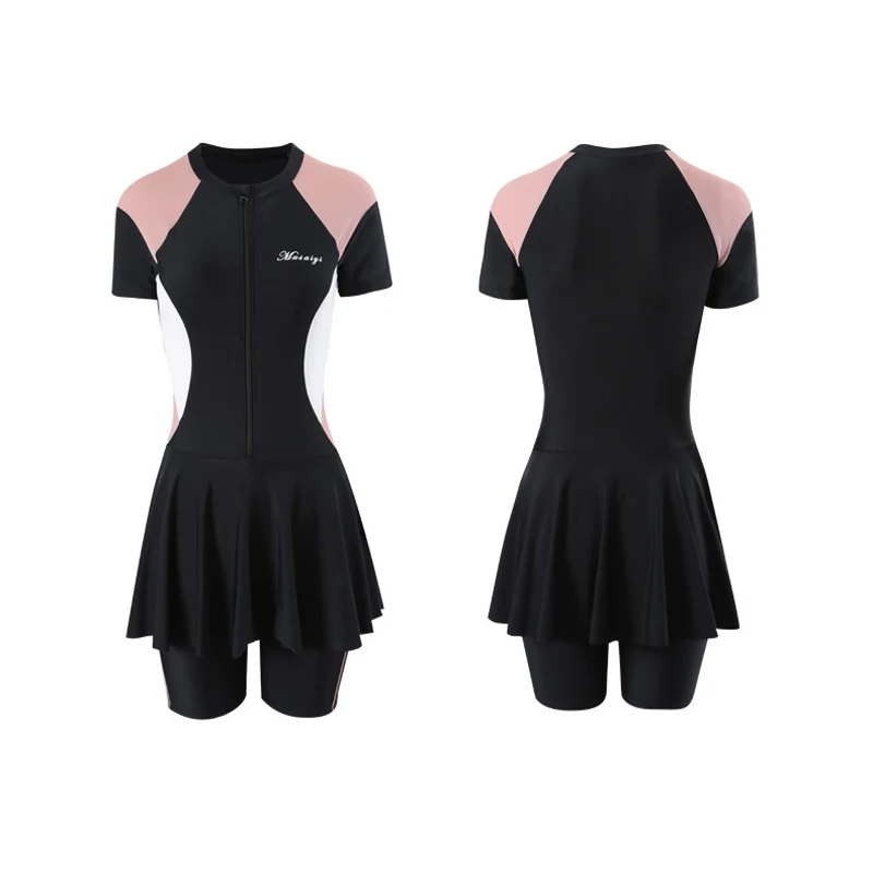 Large Size Black Color Swimwear Women Short Sleeve One Piece Swimsuit With Skirt Conservative Beach Wear Solid Swimming Suit