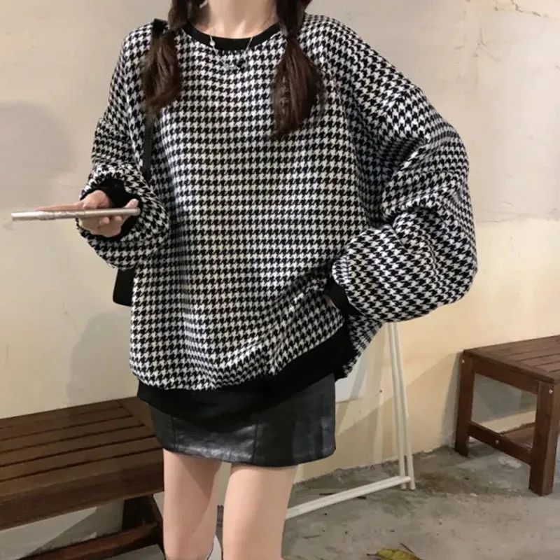 

Jmprs Houndstooth Sweatshirt Women Thick Warm Fashion Loose Plaid Long Sleeve Pullover Autumn Harajuku Black Yellow Casual Tops