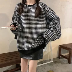 Houndstooth Sweatshirt Women Thick Warm Fashion Loose Plaid Long Sleeve Pullover Autumn Harajuku Black Yellow Casual Tops