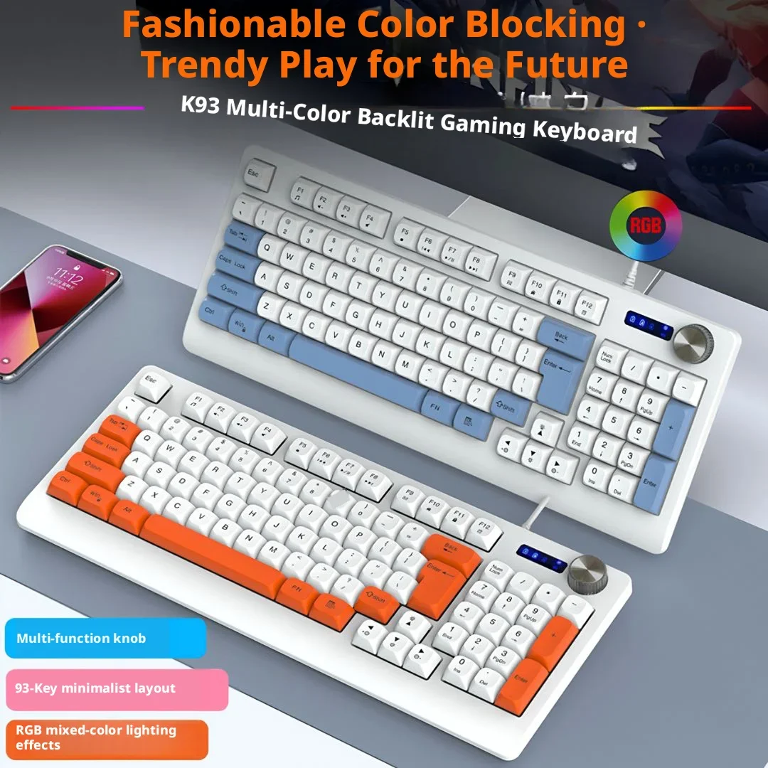 RGB Backlit 93 Keys Wired Membrane Keyboard PBT Ball Keycaps Rotary Knob Mechanical Feel Gaming Office Keyboard for Computer