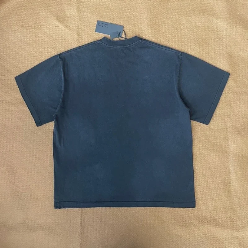 Satoshi Layer stacking Letter Printing Short Sleeve Cotton T-shirt Men Women Washing Casual Round Neck Tee