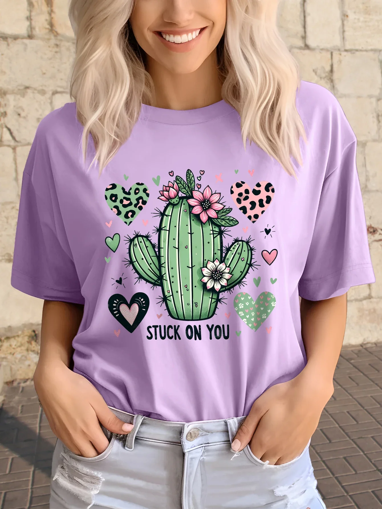 Cactus and Romantic Leopard Love Heart Print T-shirt,Short Sleeve,Crew Neck,Casual Top for Valentine\'s Day,Retro,Cute, Summer