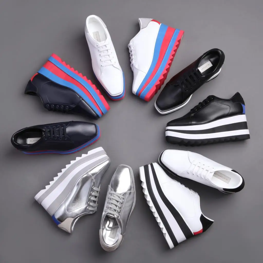 Black Women Platform Shoes Mixed Color Sole Genuine Leather Sneakers Thick Bottom Casuals Women Lace-Up WhiteFlat Platform Shoes