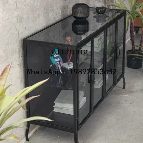 A2-2 minimalist design furniture wrought iron dining side cabinet retro glass cabinet layered storage display cabinet