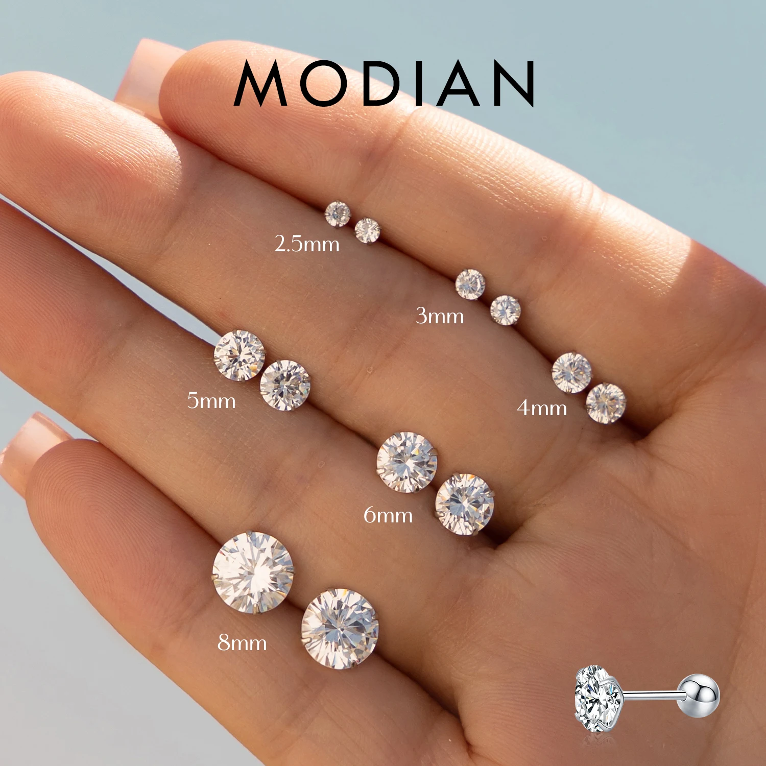 

MODIAN Multicolor 925 Sterling Silver Elegant Beads Screw Earrings Classic Round CZ Stud Earrings For Women Jewelry 2.5MM-8MM