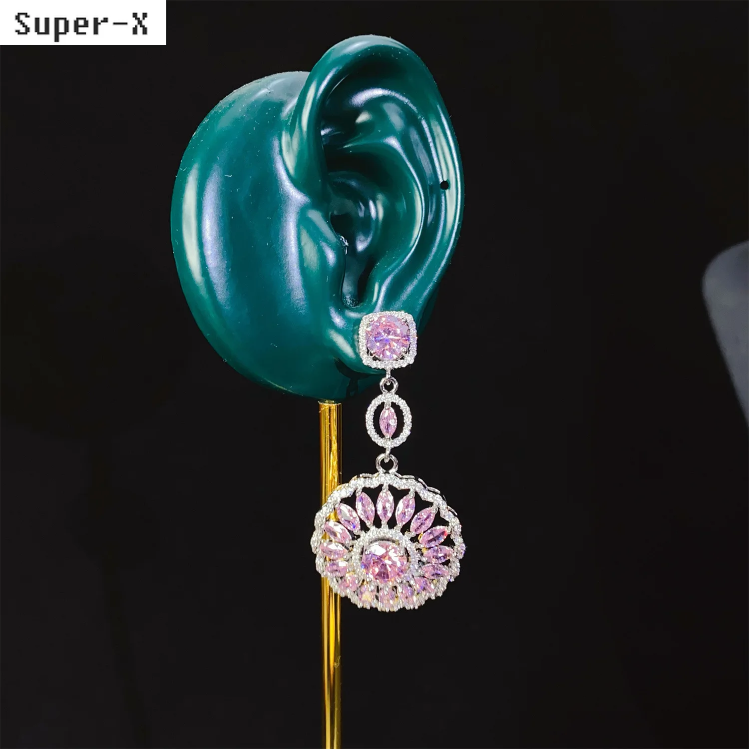 

women earrings pink round flower pendant luxury jewelry dinner party large dangling earrings pink zirconia