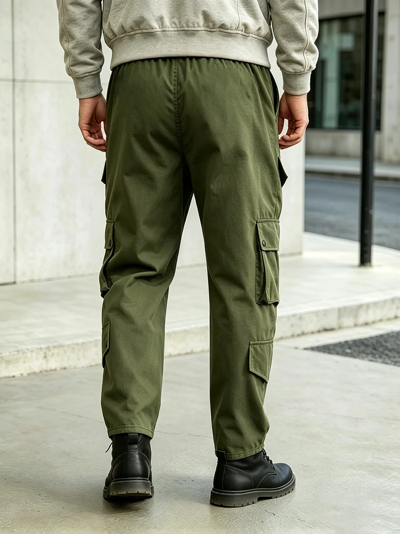 Herren Cargo-Hosen mit elastischem Bund, Kordelzug, mehreren Taschen, normaler Passform, geradem Bein, lässige Frühlings- und Herbst-Outdoor-Streetwear-Hosen – Detail 4