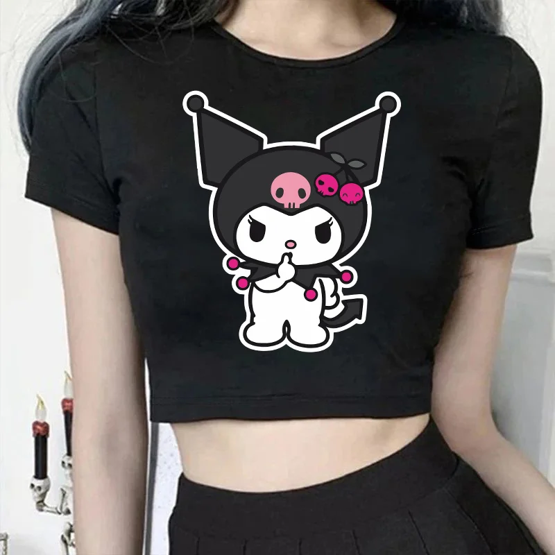 T-shirt court à col rond pour femmes, vêtements Kawaii, vêtements de dessin animé Sanurgente, Économie Rick Fashions, Kuromi, Y2K Slim, été