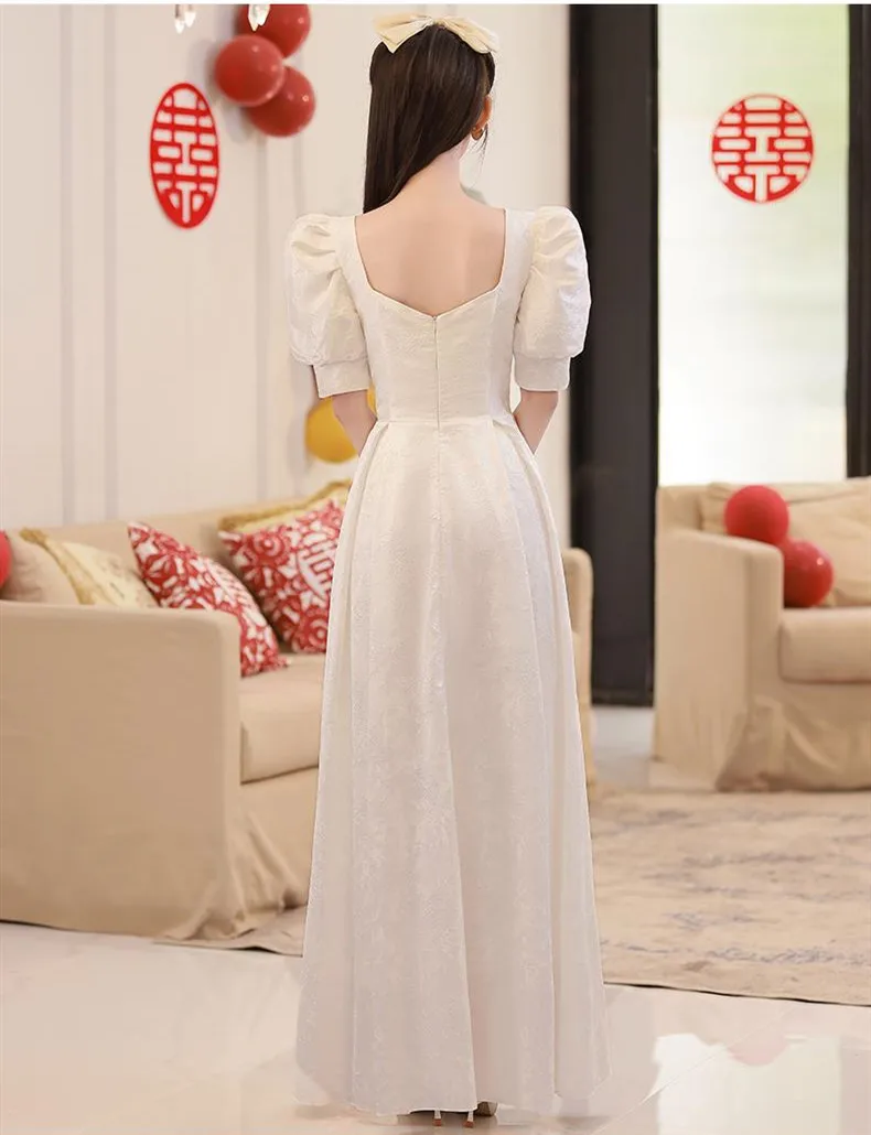 French Sexy White Beaded Square Collar Back Zipper A-Line Evening Dress Women Formal Gowns Robe De Soiree Cheongsam