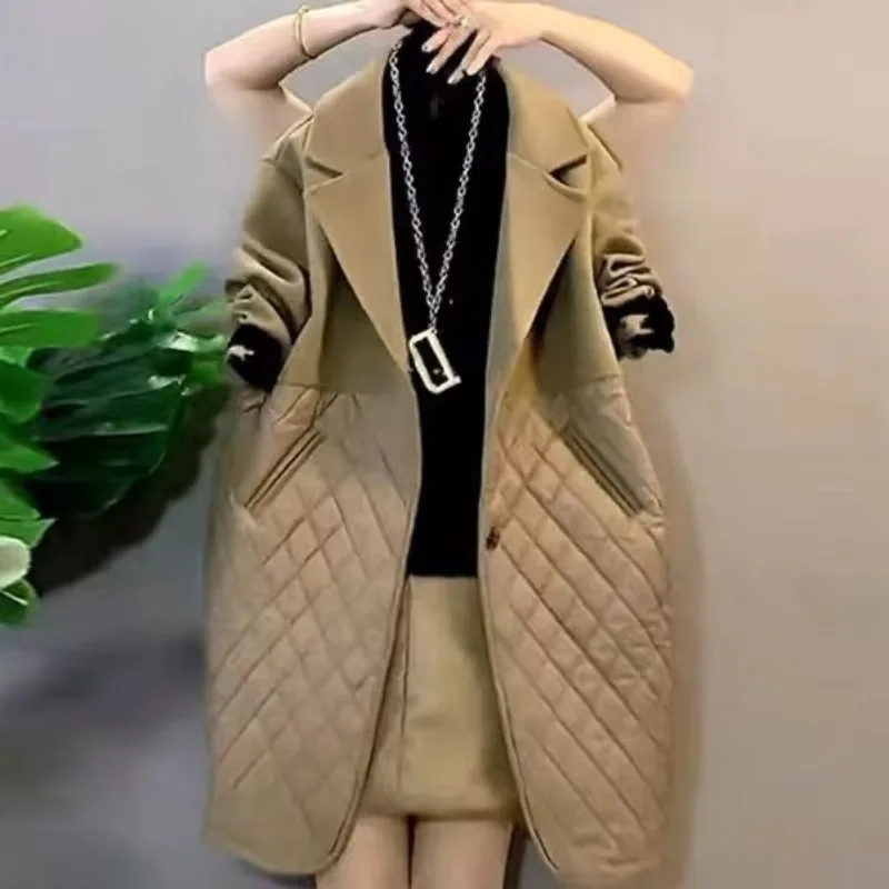 Fat Sister Inverno / Autunno Nuovo Cappotto trapuntato in lana trapuntata con diamanti da donna di grandi dimensioni in cappotto lungo in cotone con colletto a silhouette