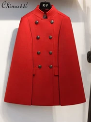 Cape Woolen Coat Women's 2023 Autumn Winter New Fashion Red Elegant Shawl Woolen Coat Loose All-Matching Graceful Lady Jackets