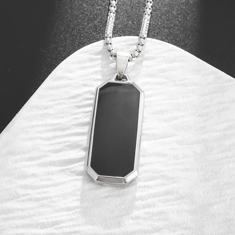 High Quality Stainless Steel Classic Black Rectangular Pendant Necklace for Men and Women Fashion Casual Party Jewelry