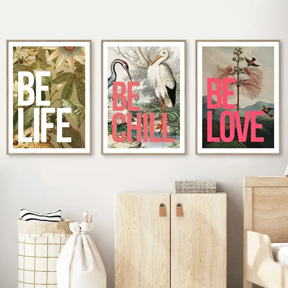 Retro Abstract Realistic Writing Birds Landscape Be Life Be Love Canvas Painting Prints Modern Living Room Wall  Home Decor