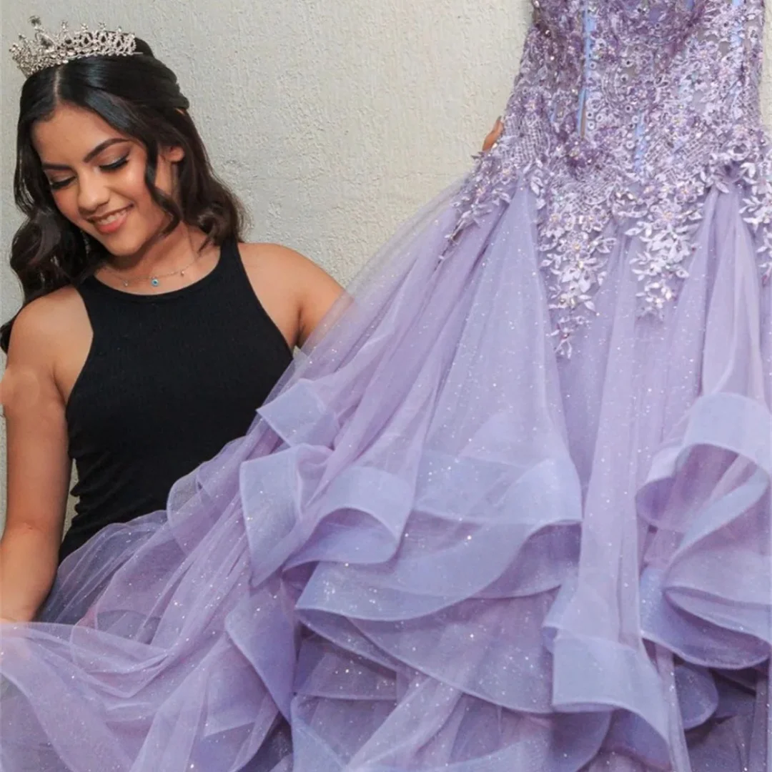 Amanda Customized Purple Sequin Prom Dress Multi-Layered vestidos de noche Off The Shoulder Floor-Length Formal Evening 2025