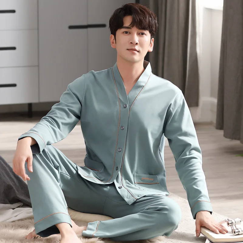 Men Pajamas Suit Long sleeved Pure Cotton Simple Casual Cardigan V-neck Homewear Set All Plus Size Breathable Autumn Sleepwear