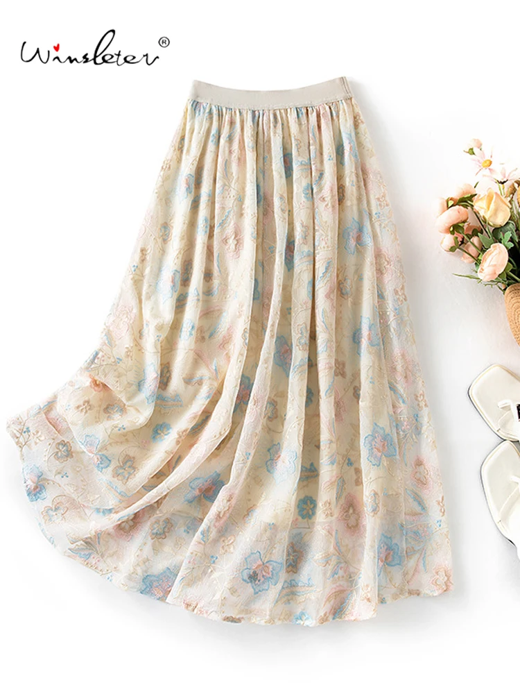 

Winsleter-Women 100% Silk Elegant Skirts, Elastic Waist Embroidery, Beach Vacation Chic Fairy A-line Skirt, 2025 Autumn B59135CC