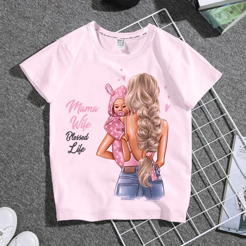 Cute printed parent-child outfit for men and women Pink short-sleeved t T-shirt base for children