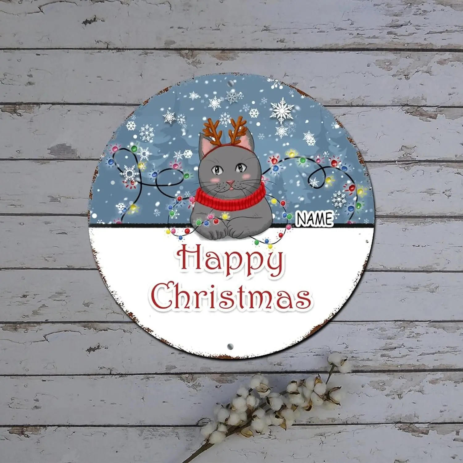 Merry Christmas Door Sign Custom Cat Name Winter Snow Scene Round Metal Tin Sign Christmas Decorations for Cabinets Distressed S