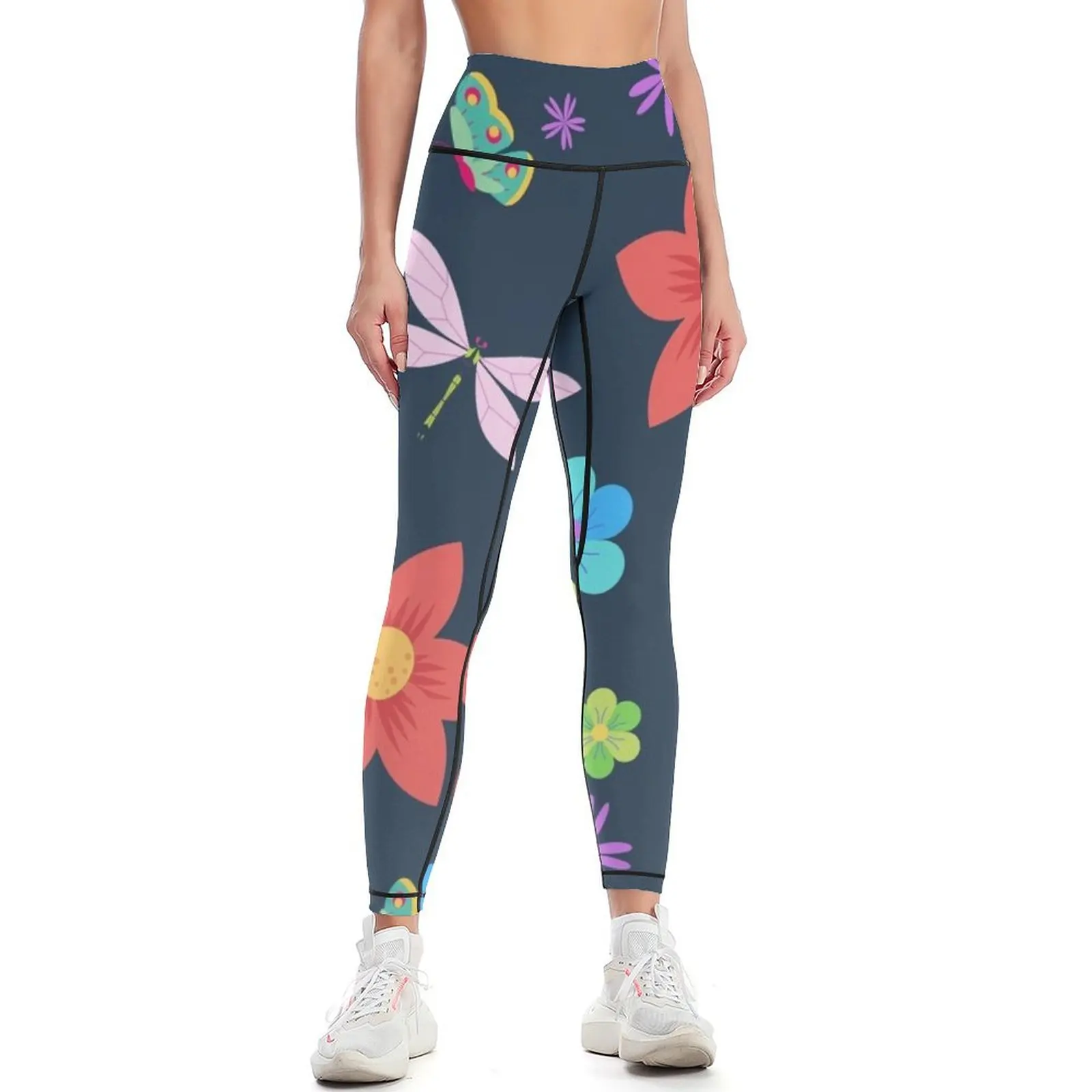 Flower, dragonfly and butterfly pattern with dark blue background. Leggings workout clothes for gym's clothing Womens Leggings