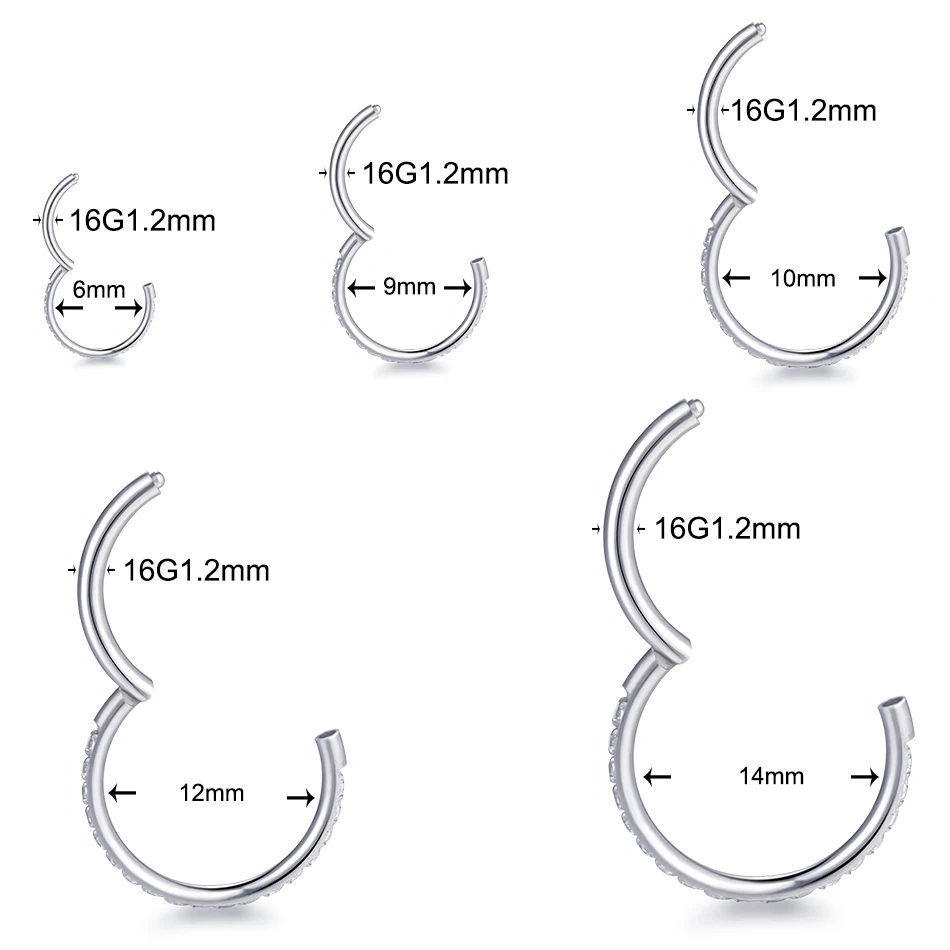 1PC 6-14MM Titanium Nose Rings Septum Clicker Piercing CZ Set Hinged Segment Ear Cartilage Tragus Earring Helix Pirsing Jewelry